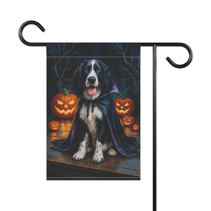 Printify Home Decor Halloween Black Springer Spaniel Dog Garden Flag – Vampire Pumpkin Yard Banner, Fall Outdoor Decor, 12x18 Double-Sided