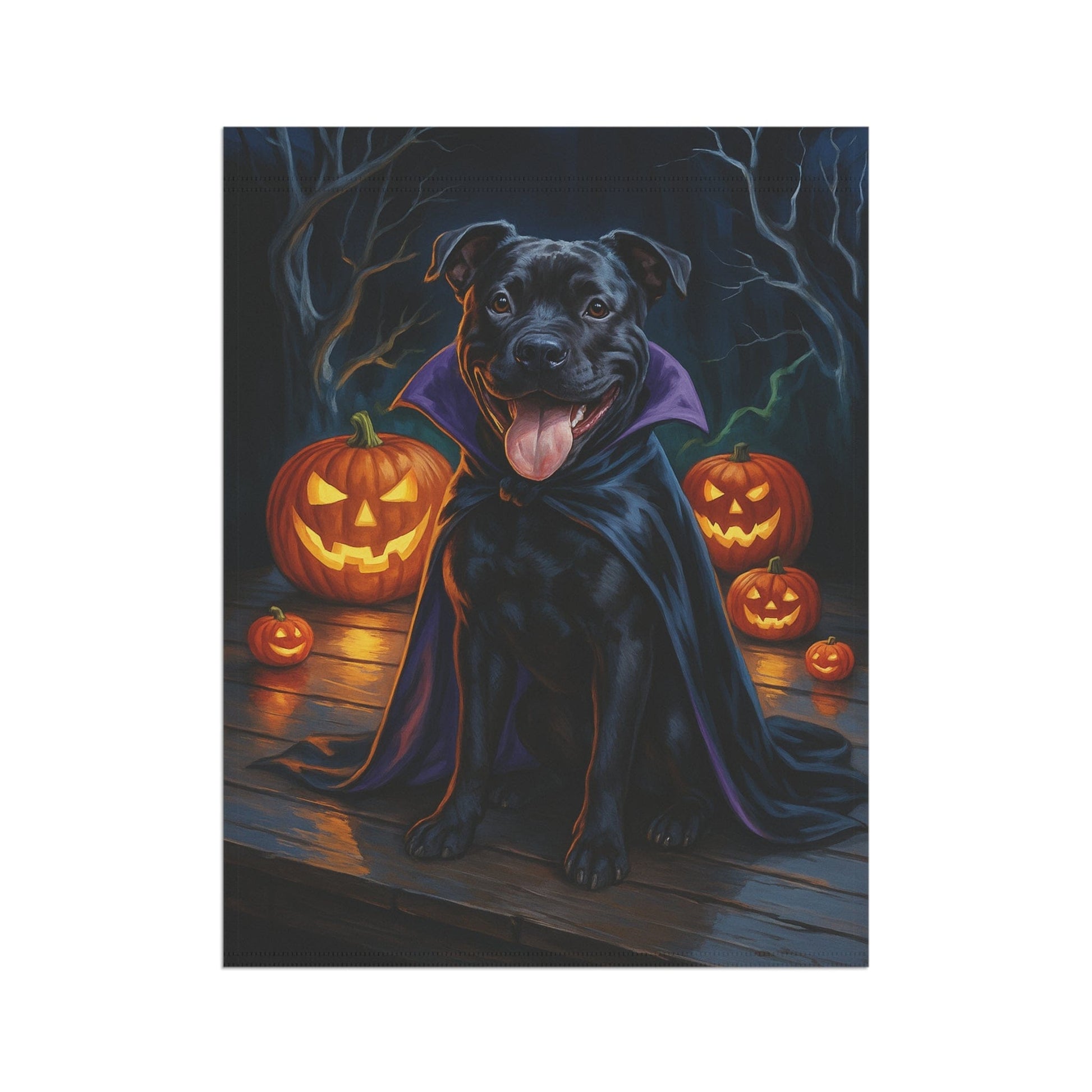 Printify Home Decor Halloween Black Staffordshire Bull Terrier Dog Garden Flag – Vampire Pumpkin Yard Banner, Fall Outdoor Decor, 12x18 Double-Sided