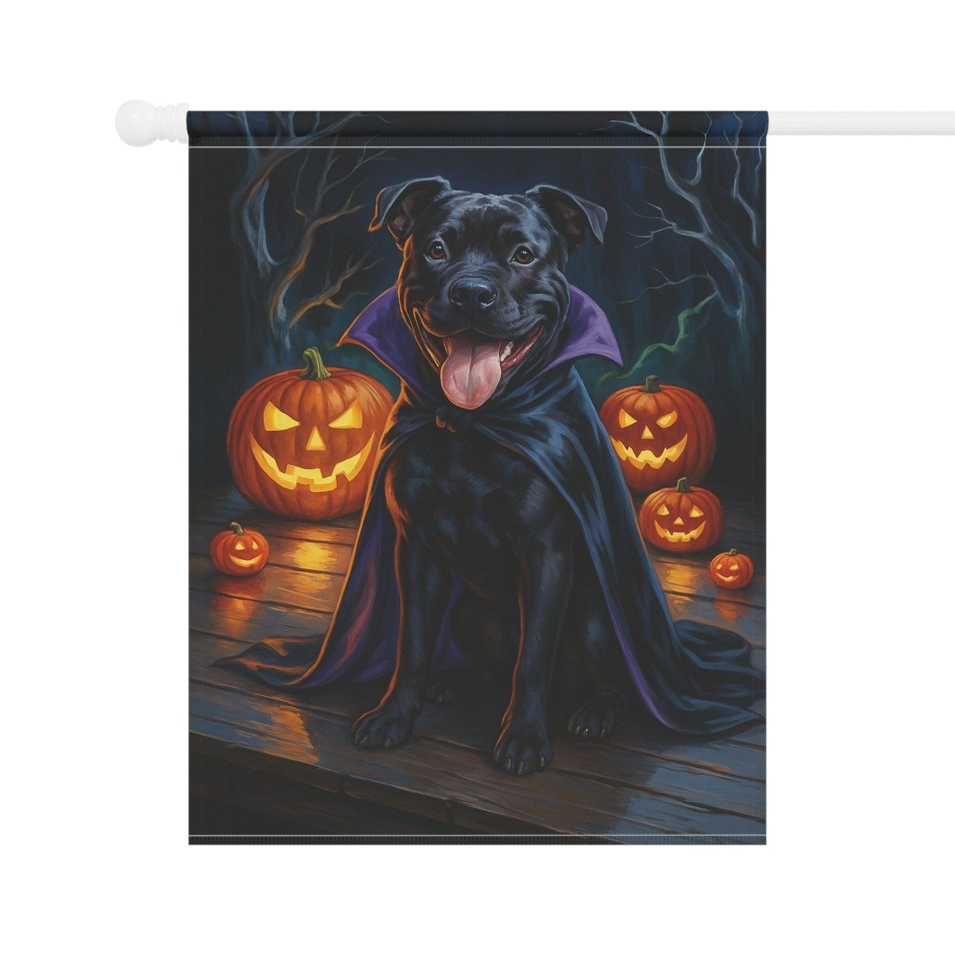 Printify Home Decor Halloween Black Staffordshire Bull Terrier Dog Garden Flag – Vampire Pumpkin Yard Banner, Fall Outdoor Decor, 12x18 Double-Sided