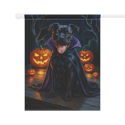 Printify Home Decor Halloween Black Staffordshire Bull Terrier Dog Garden Flag – Vampire Pumpkin Yard Banner, Fall Outdoor Decor, 12x18 Double-Sided