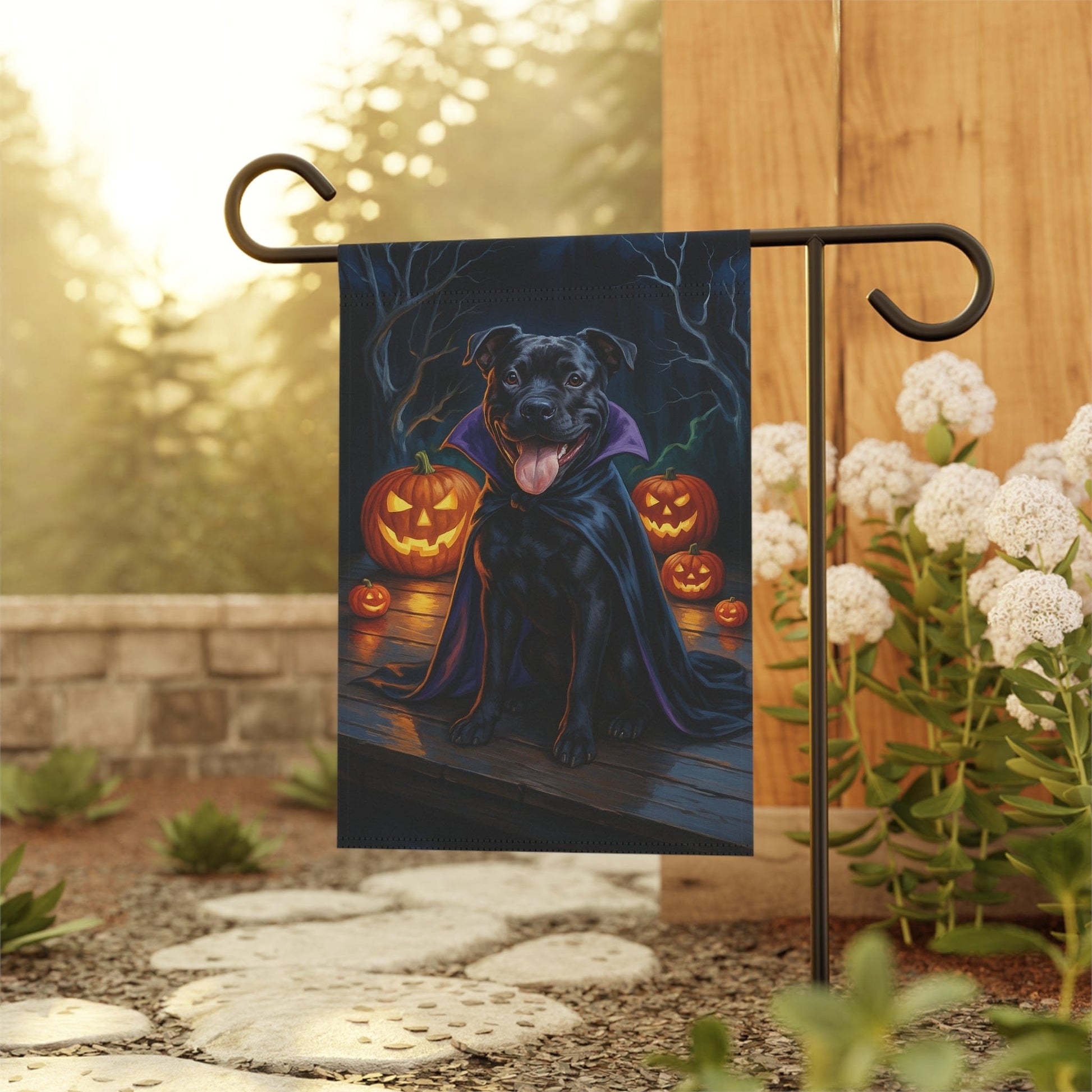 Printify Home Decor Halloween Black Staffordshire Bull Terrier Dog Garden Flag – Vampire Pumpkin Yard Banner, Fall Outdoor Decor, 12x18 Double-Sided