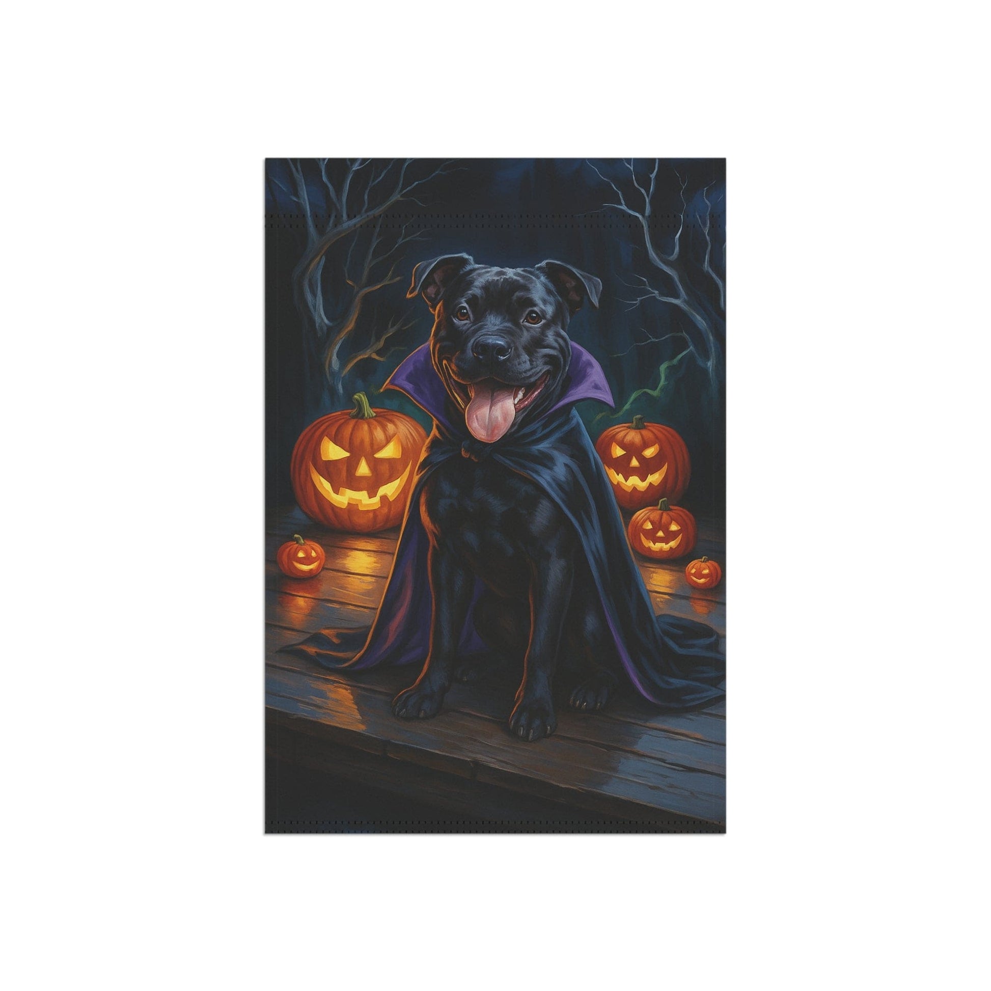 Printify Home Decor Halloween Black Staffordshire Bull Terrier Dog Garden Flag – Vampire Pumpkin Yard Banner, Fall Outdoor Decor, 12x18 Double-Sided