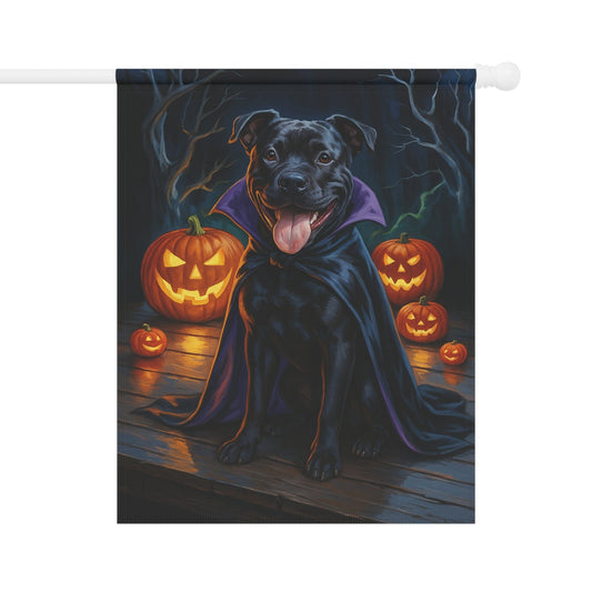 Printify Home Decor 24.5'' × 32'' Halloween Black Staffordshire Bull Terrier Dog Garden Flag – Vampire Pumpkin Yard Banner, Fall Outdoor Decor, 12x18 Double-Sided