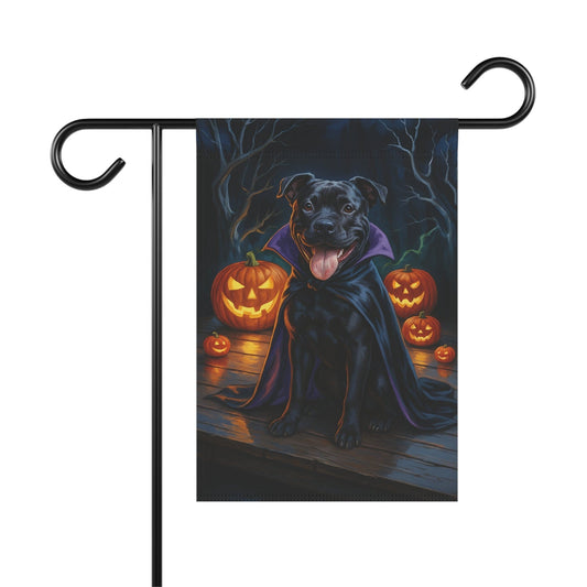 Printify Home Decor 12'' × 18'' Halloween Black Staffordshire Bull Terrier Dog Garden Flag – Vampire Pumpkin Yard Banner, Fall Outdoor Decor, 12x18 Double-Sided