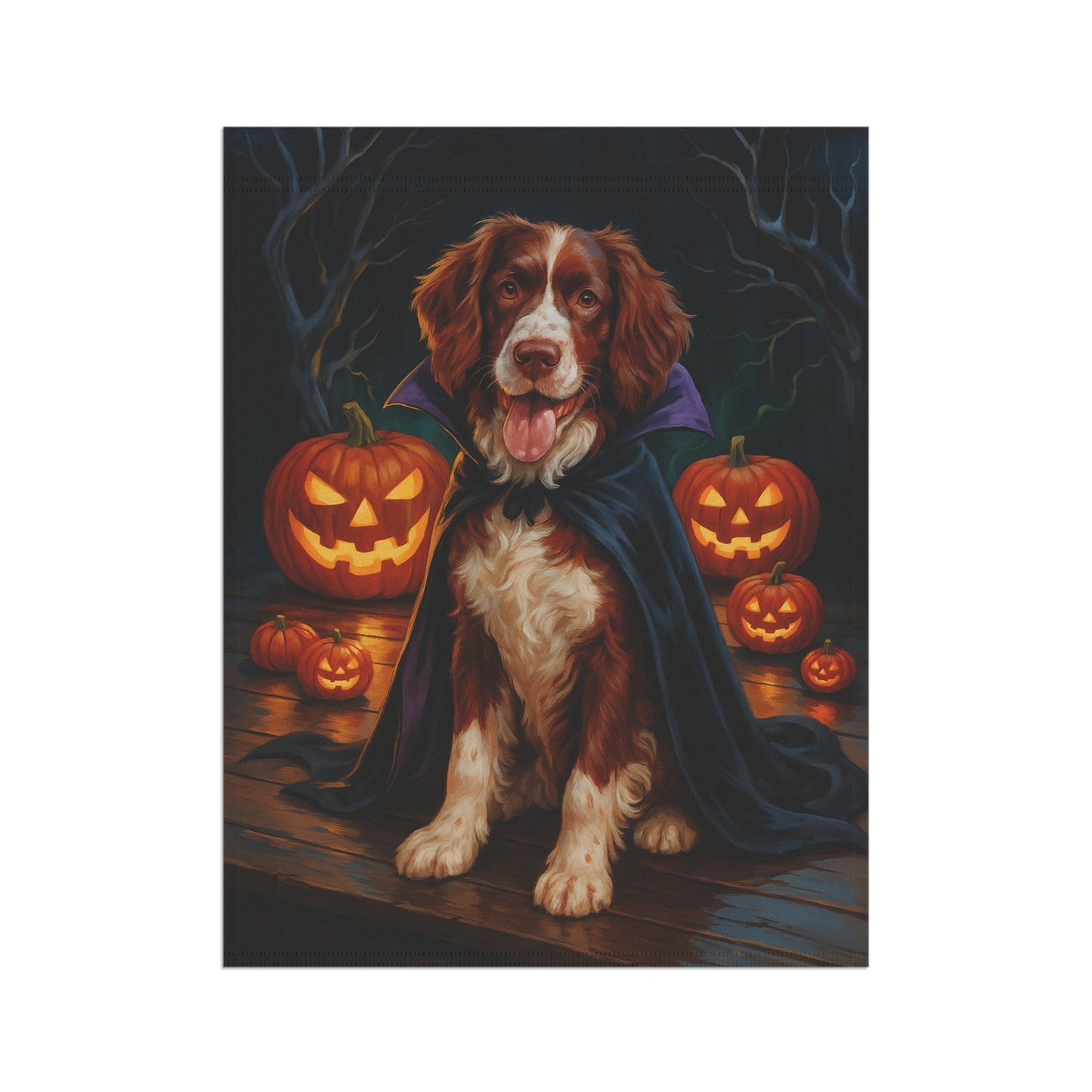 Printify Home Decor Halloween Brown Springer Spaniel Dog Garden Flag – Vampire Pumpkin Yard Banner, Fall Outdoor Decor, 12x18 Double-Sided