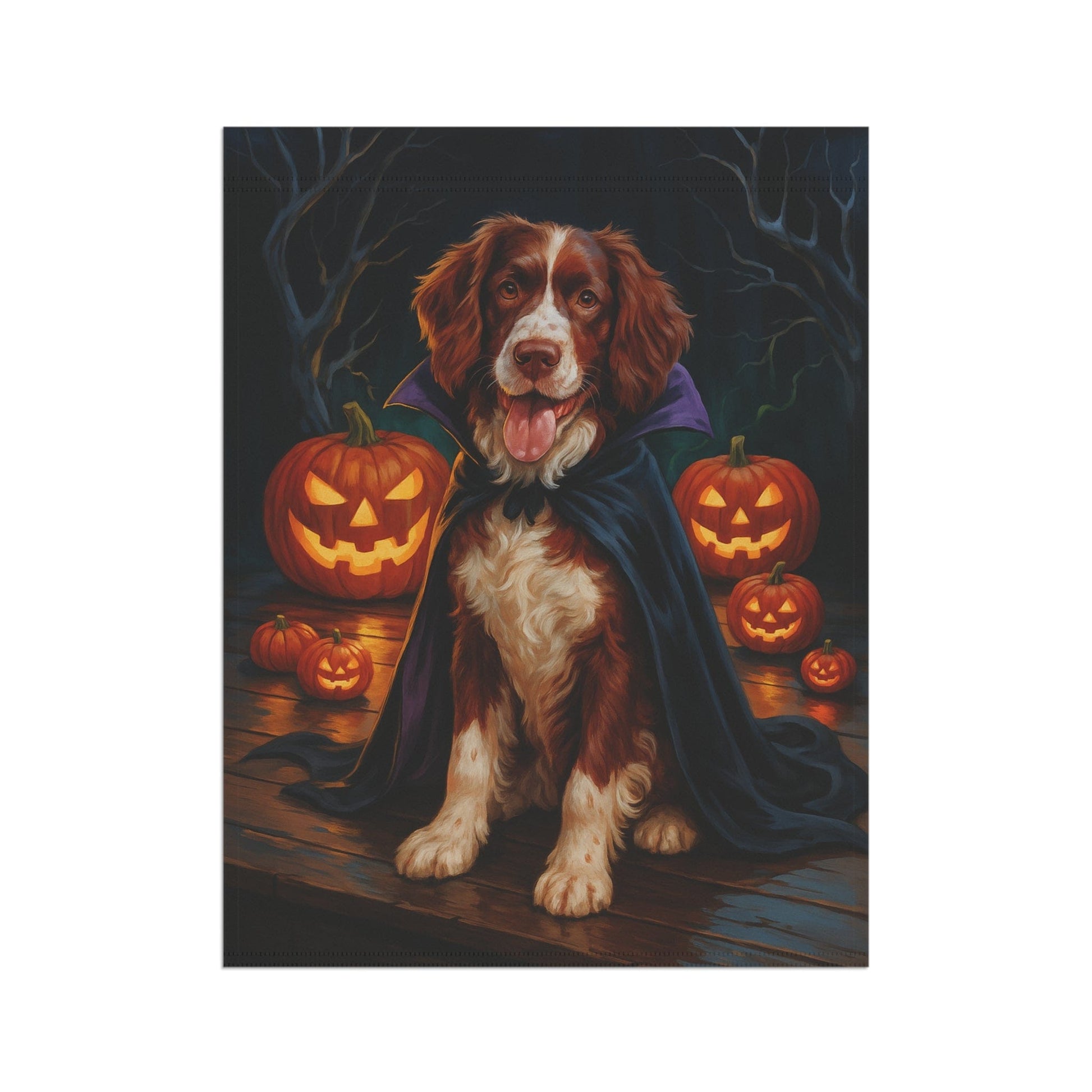 Printify Home Decor Halloween Brown Springer Spaniel Dog Garden Flag – Vampire Pumpkin Yard Banner, Fall Outdoor Decor, 12x18 Double-Sided