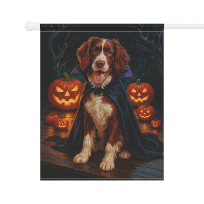 Printify Home Decor Halloween Brown Springer Spaniel Dog Garden Flag – Vampire Pumpkin Yard Banner, Fall Outdoor Decor, 12x18 Double-Sided