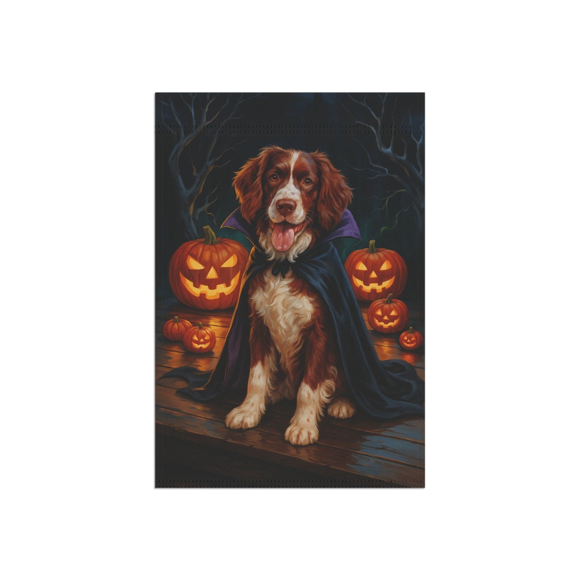 Printify Home Decor Halloween Brown Springer Spaniel Dog Garden Flag – Vampire Pumpkin Yard Banner, Fall Outdoor Decor, 12x18 Double-Sided