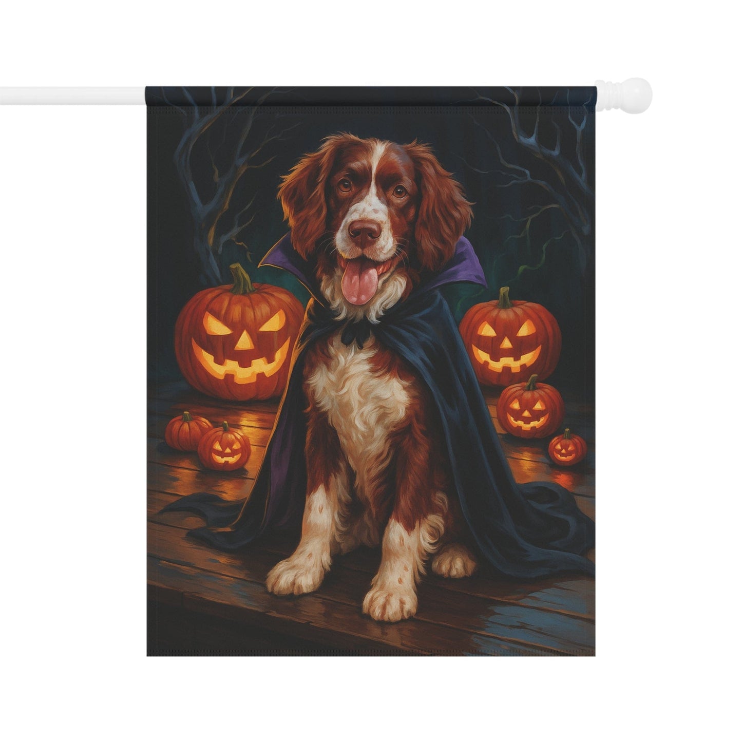Printify Home Decor 24.5'' × 32'' Halloween Brown Springer Spaniel Dog Garden Flag – Vampire Pumpkin Yard Banner, Fall Outdoor Decor, 12x18 Double-Sided