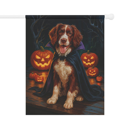 Printify Home Decor 24.5'' × 32'' Halloween Brown Springer Spaniel Dog Garden Flag – Vampire Pumpkin Yard Banner, Fall Outdoor Decor, 12x18 Double-Sided