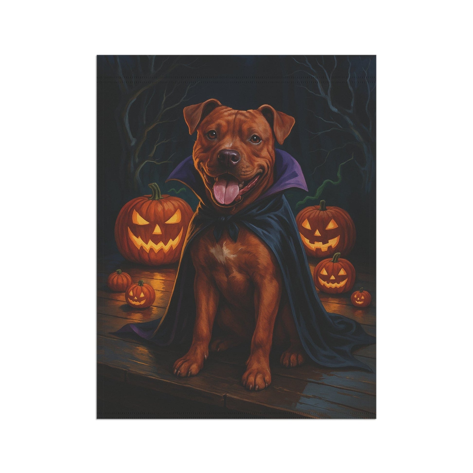 Printify Home Decor Halloween Brown Staffordshire Bull Terrier Dog Garden Flag – Vampire Pumpkin Yard Banner, Fall Outdoor Decor, 12x18 Double-Sided
