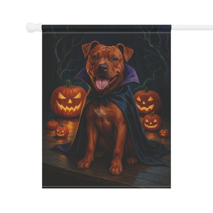 Printify Home Decor Halloween Brown Staffordshire Bull Terrier Dog Garden Flag – Vampire Pumpkin Yard Banner, Fall Outdoor Decor, 12x18 Double-Sided
