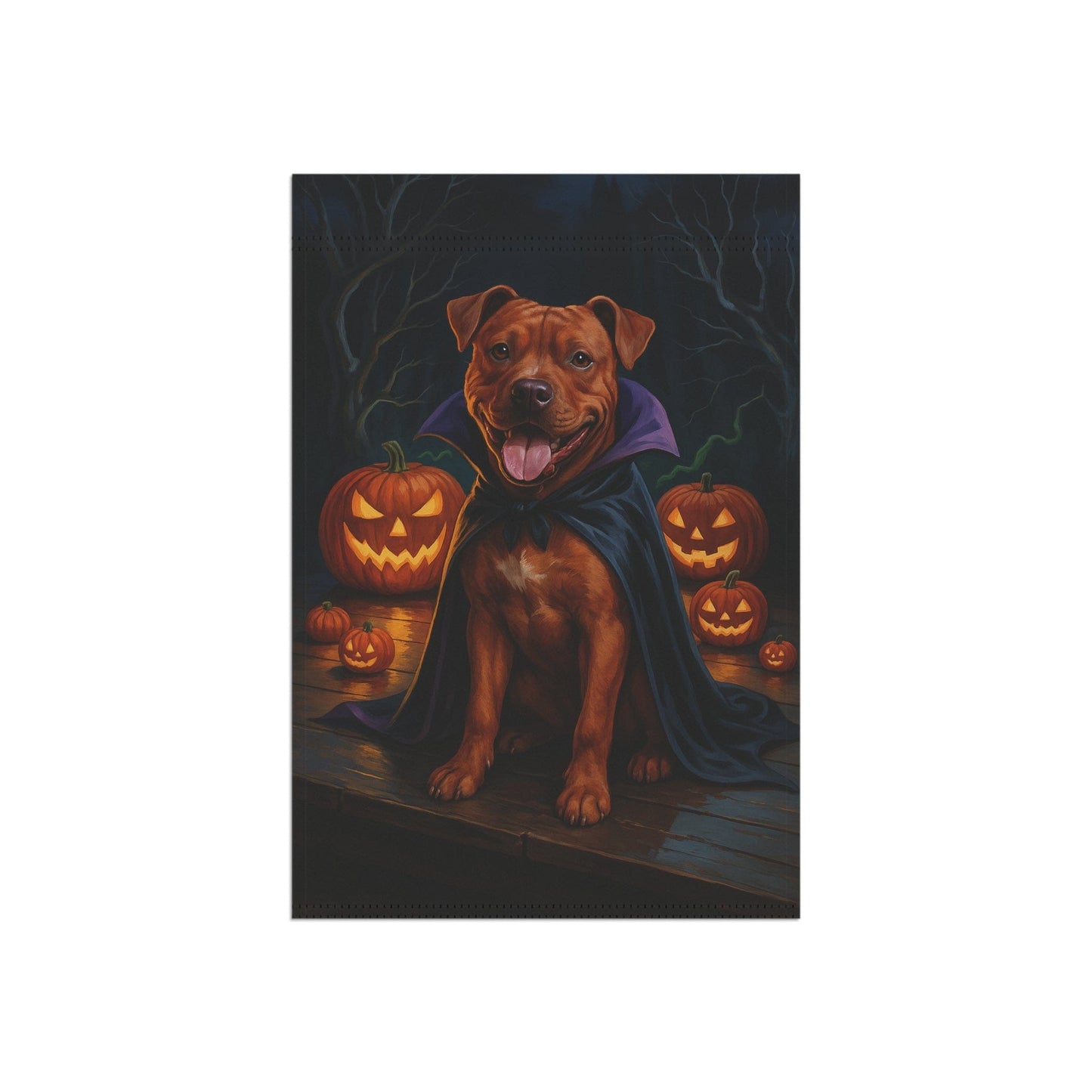 Printify Home Decor Halloween Brown Staffordshire Bull Terrier Dog Garden Flag – Vampire Pumpkin Yard Banner, Fall Outdoor Decor, 12x18 Double-Sided