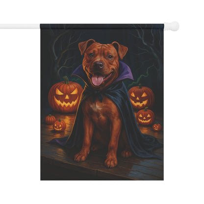Printify Home Decor 24.5'' × 32'' Halloween Brown Staffordshire Bull Terrier Dog Garden Flag – Vampire Pumpkin Yard Banner, Fall Outdoor Decor, 12x18 Double-Sided