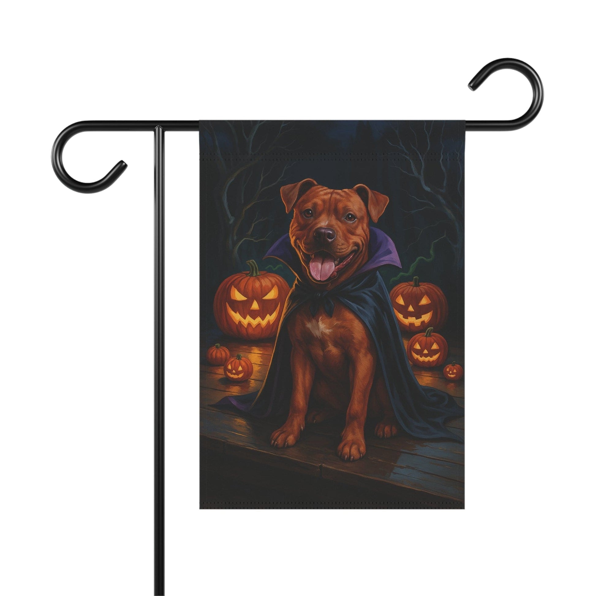 Printify Home Decor 12'' × 18'' Halloween Brown Staffordshire Bull Terrier Dog Garden Flag – Vampire Pumpkin Yard Banner, Fall Outdoor Decor, 12x18 Double-Sided