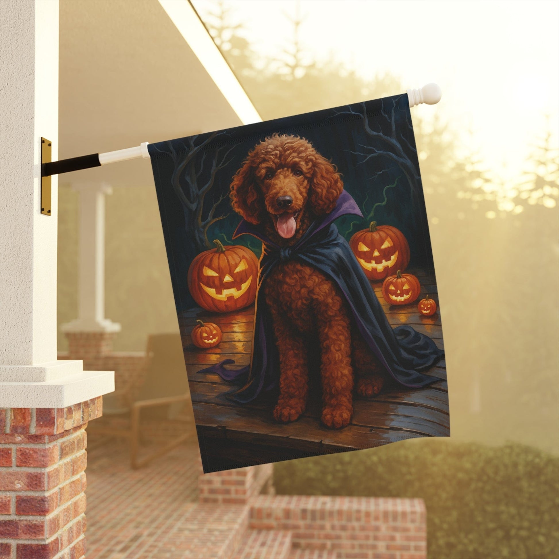 Printify Home Decor Halloween Brown Standard Poodle Dog Garden Flag, Vampire Pumpkin Yard Banner, Fall