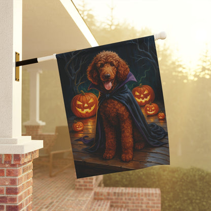 Printify Home Decor Halloween Brown Standard Poodle Dog Garden Flag, Vampire Pumpkin Yard Banner, Fall