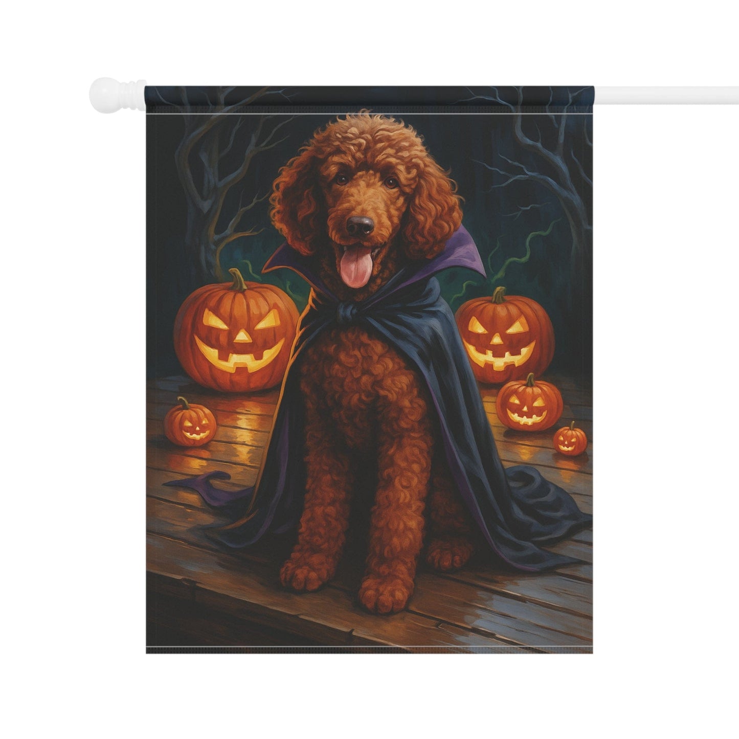 Printify Home Decor Halloween Brown Standard Poodle Dog Garden Flag, Vampire Pumpkin Yard Banner, Fall