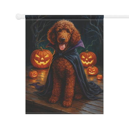 Printify Home Decor Halloween Brown Standard Poodle Dog Garden Flag, Vampire Pumpkin Yard Banner, Fall