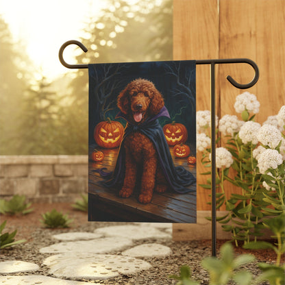 Printify Home Decor Halloween Brown Standard Poodle Dog Garden Flag, Vampire Pumpkin Yard Banner, Fall