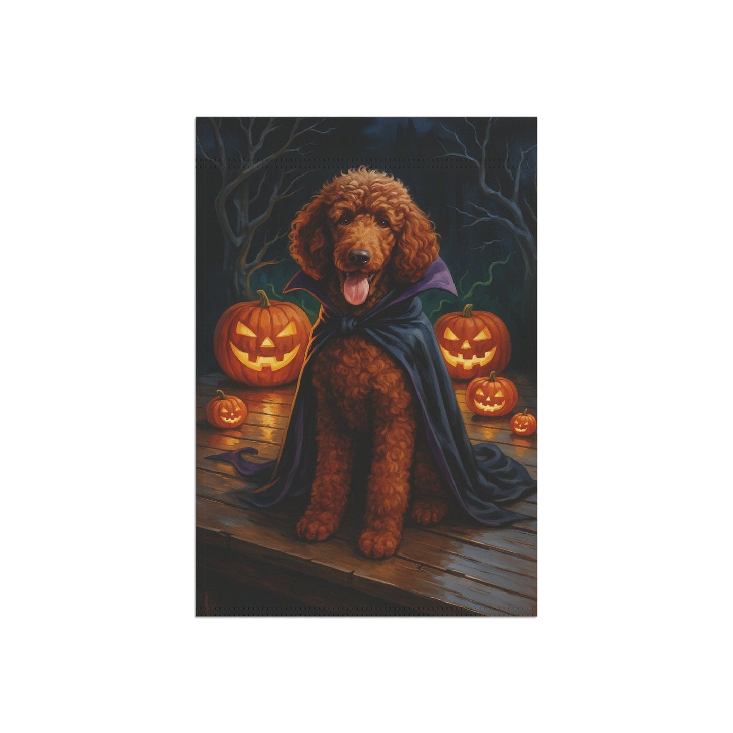 Printify Home Decor Halloween Brown Standard Poodle Dog Garden Flag, Vampire Pumpkin Yard Banner, Fall