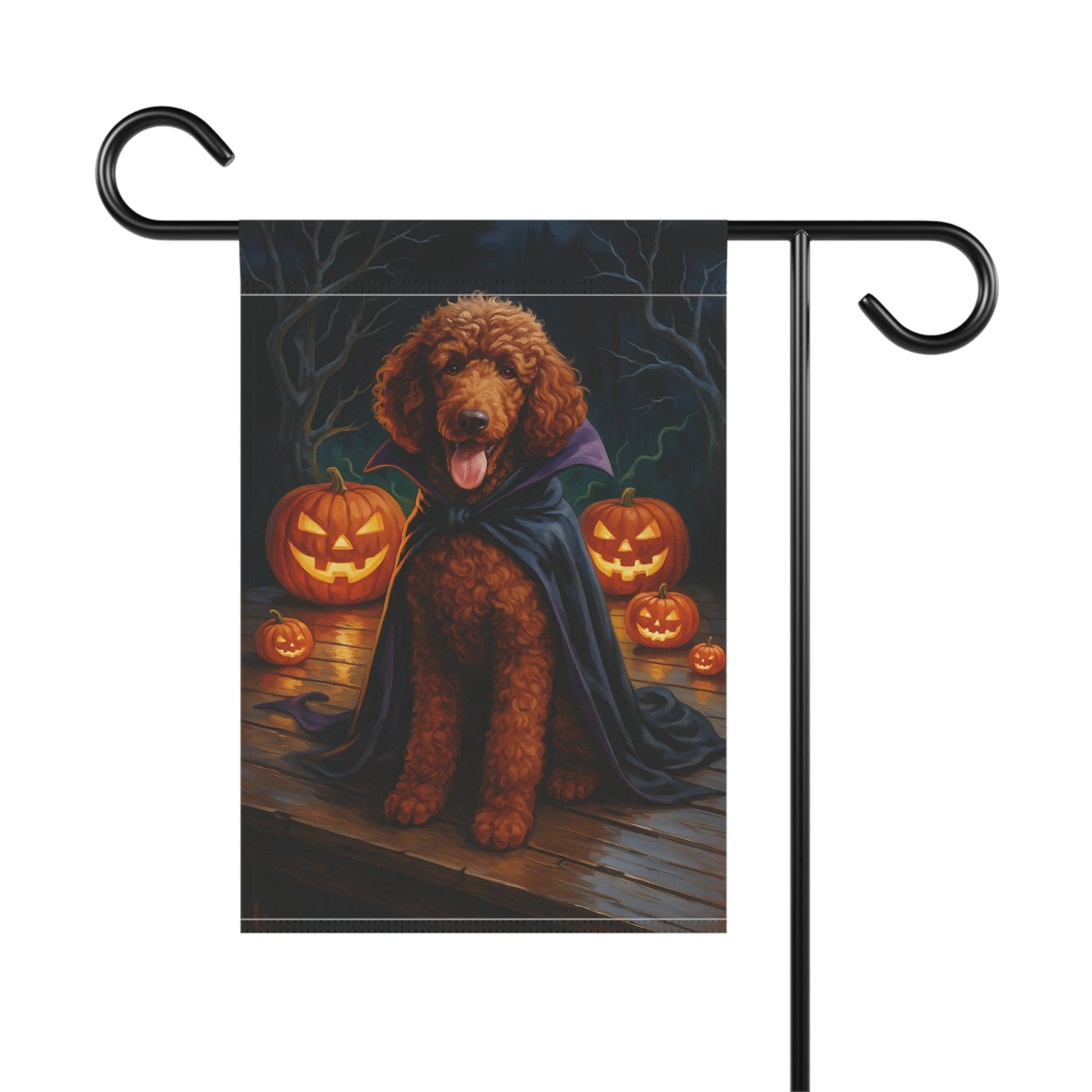 Printify Home Decor Halloween Brown Standard Poodle Dog Garden Flag, Vampire Pumpkin Yard Banner, Fall