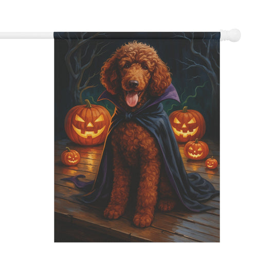 Printify Home Decor 24.5'' × 32'' Halloween Brown Standard Poodle Dog Garden Flag, Vampire Pumpkin Yard Banner, Fall