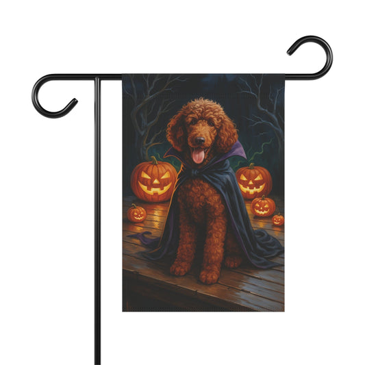 Printify Home Decor 12'' × 18'' Halloween Brown Standard Poodle Dog Garden Flag, Vampire Pumpkin Yard Banner, Fall