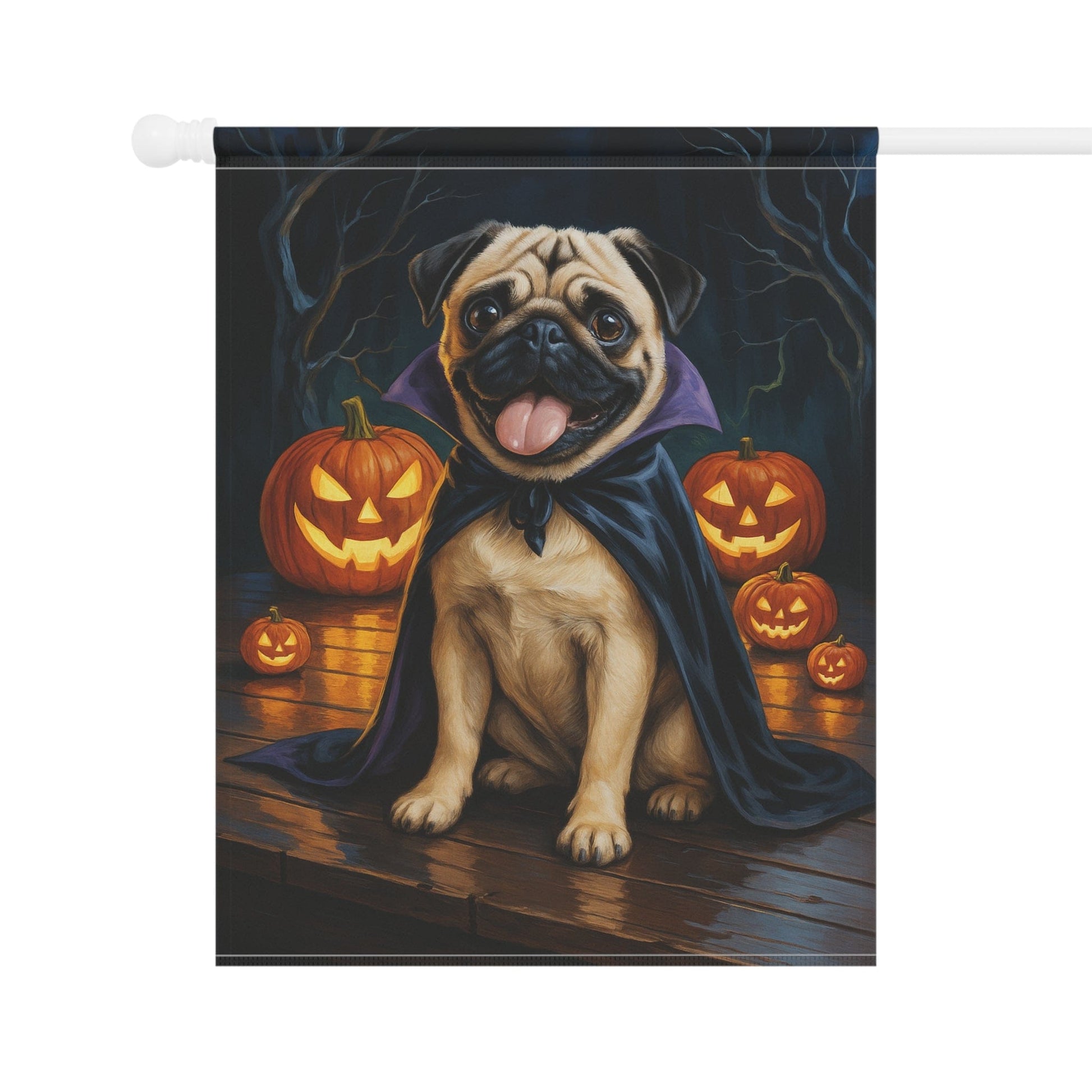 Printify Home Decor Halloween Fawn Pug Dog Garden Flag, Vampire Pumpkin Yard Banner, Fall Outdoor Decor