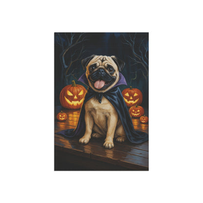Printify Home Decor Halloween Fawn Pug Dog Garden Flag, Vampire Pumpkin Yard Banner, Fall Outdoor Decor
