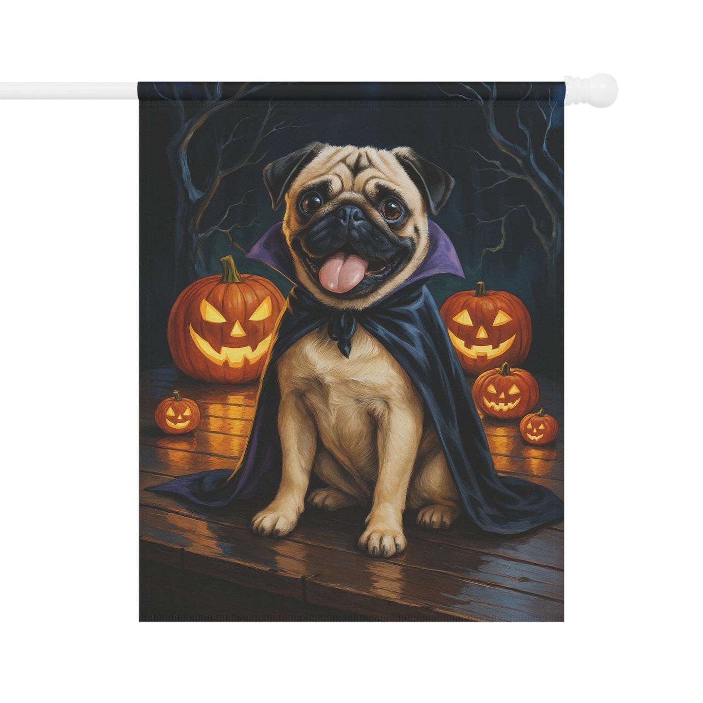 Printify Home Decor 24.5'' × 32'' Halloween Fawn Pug Dog Garden Flag, Vampire Pumpkin Yard Banner, Fall Outdoor Decor