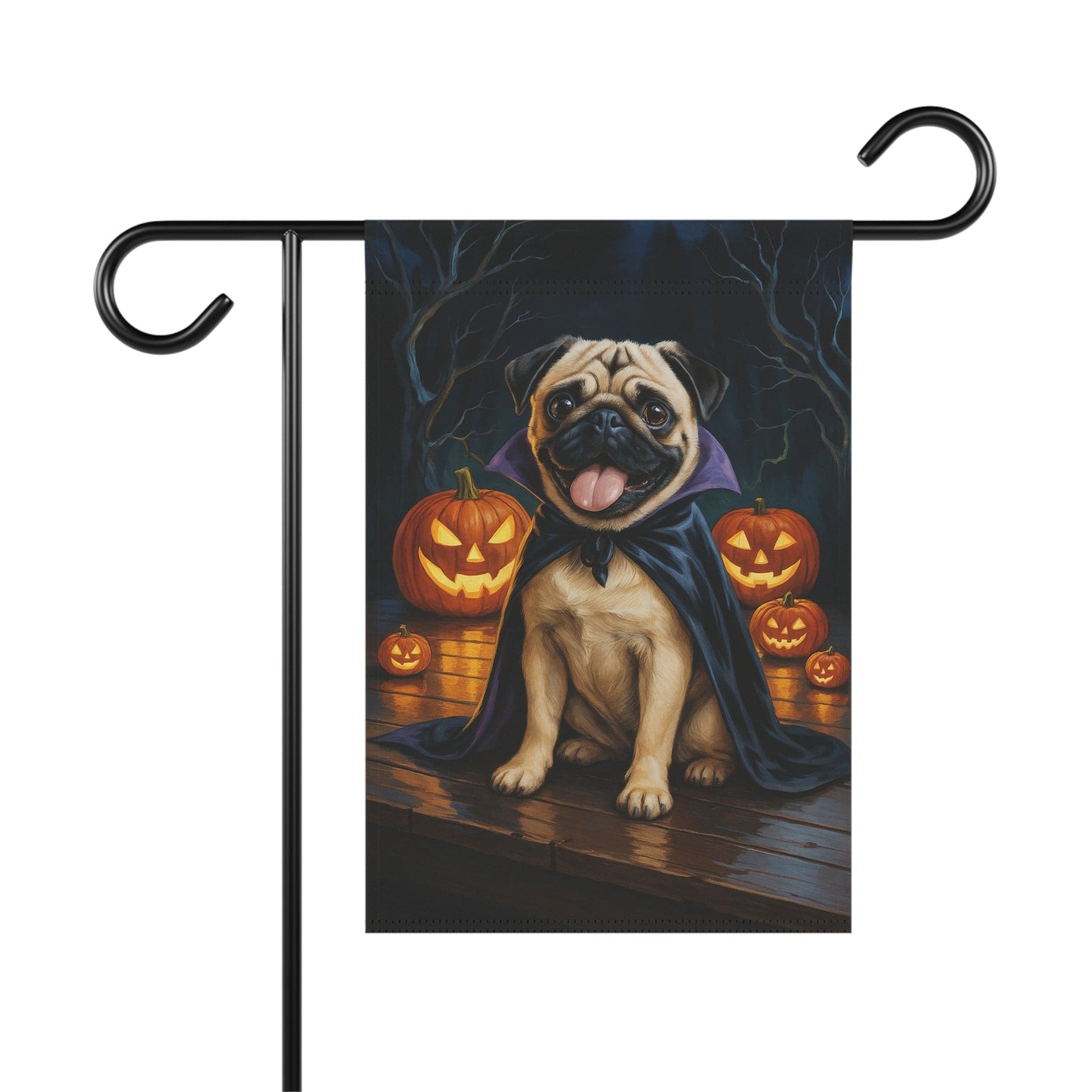 Printify Home Decor 12'' × 18'' Halloween Fawn Pug Dog Garden Flag, Vampire Pumpkin Yard Banner, Fall Outdoor Decor