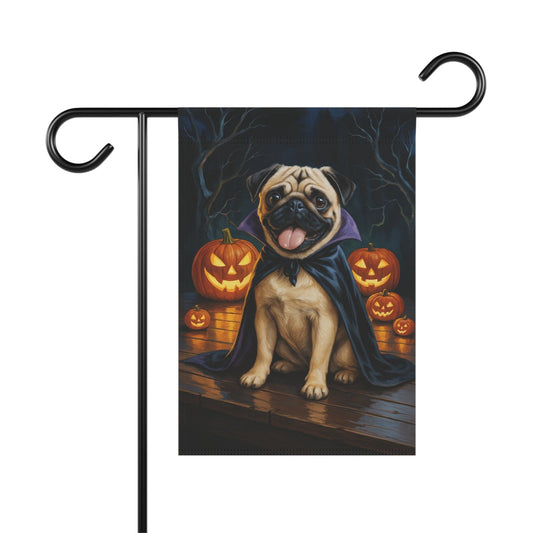 Printify Home Decor 12'' × 18'' Halloween Fawn Pug Dog Garden Flag, Vampire Pumpkin Yard Banner, Fall Outdoor Decor