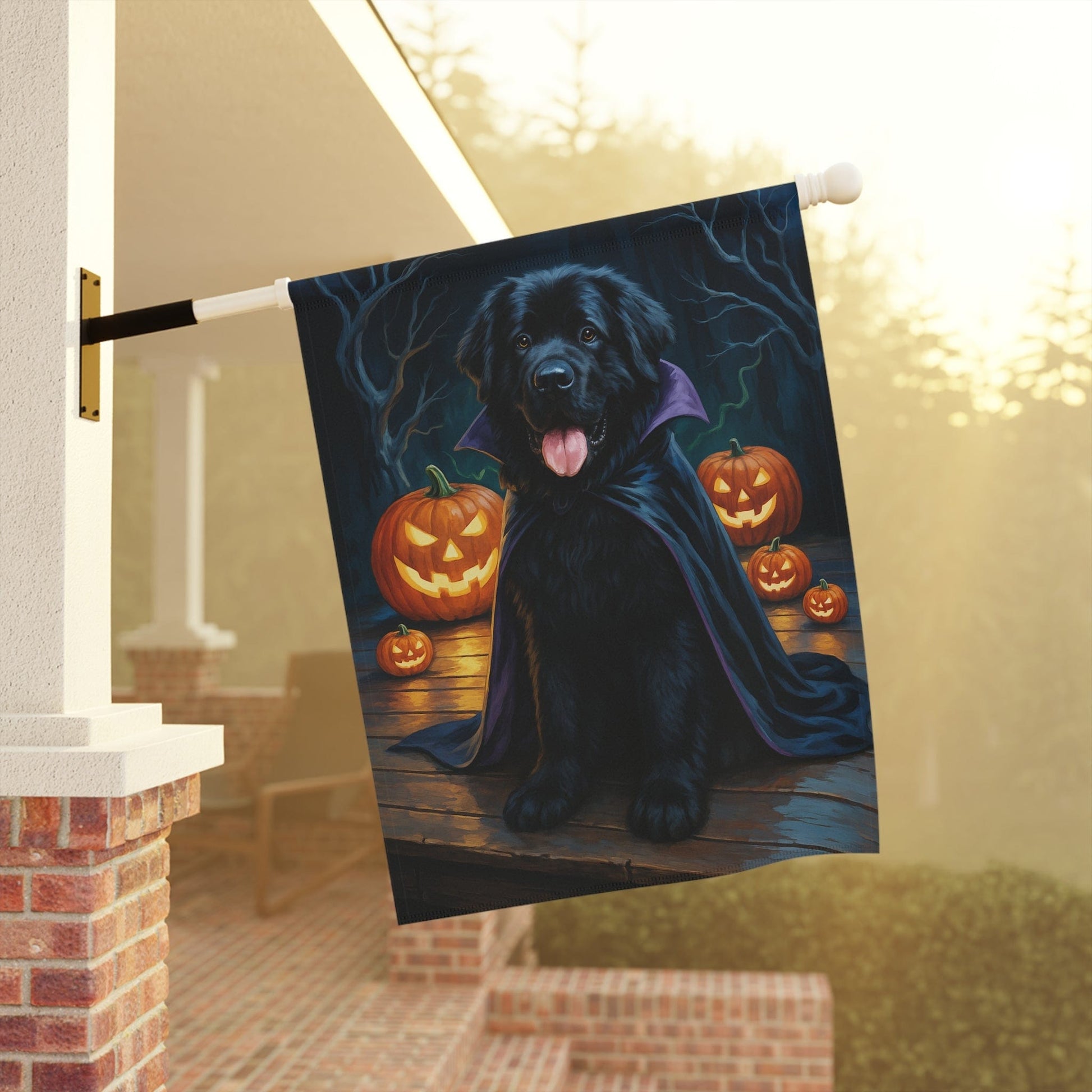 Printify Home Decor Halloween Newfoundland Dog Garden Flag – Vampire Pumpkin Yard Banner, Fall Outdoor