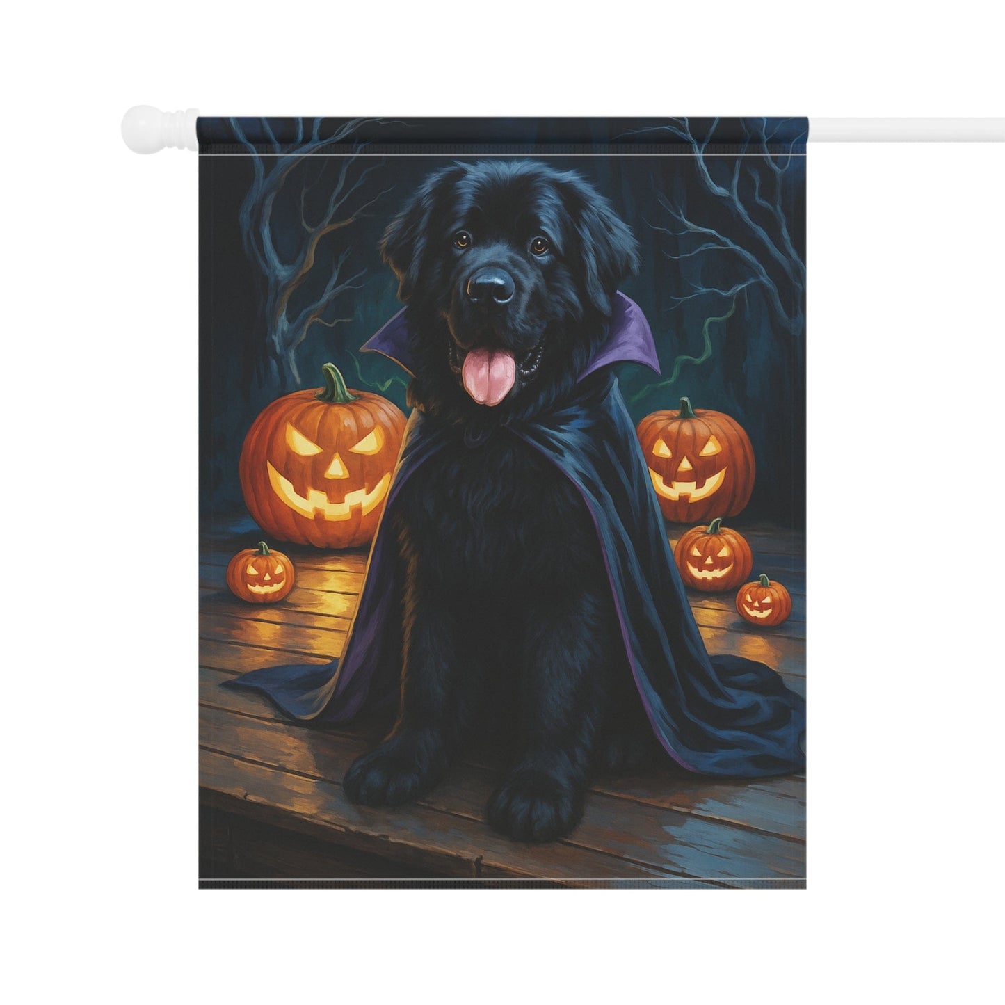 Printify Home Decor Halloween Newfoundland Dog Garden Flag – Vampire Pumpkin Yard Banner, Fall Outdoor