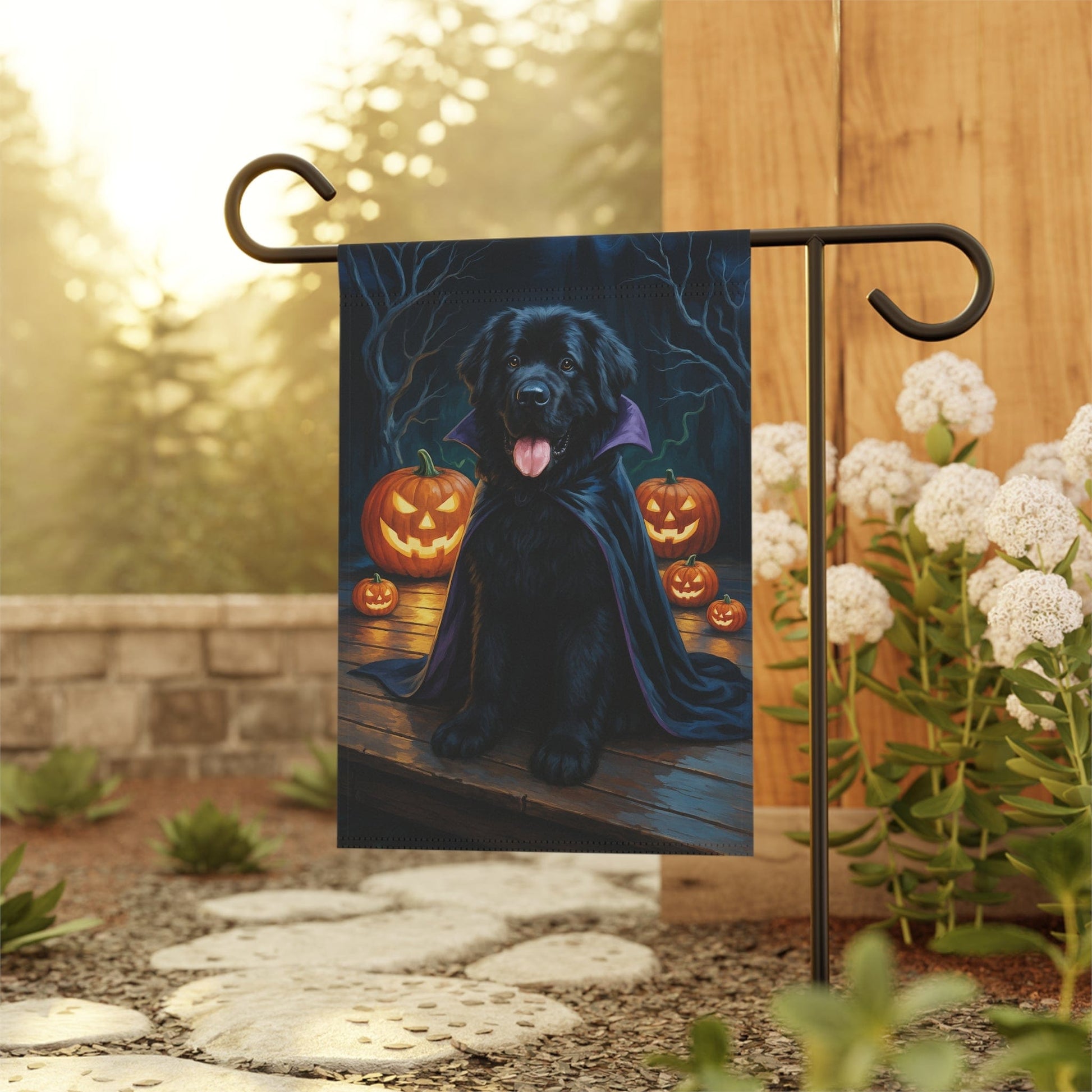 Printify Home Decor Halloween Newfoundland Dog Garden Flag – Vampire Pumpkin Yard Banner, Fall Outdoor