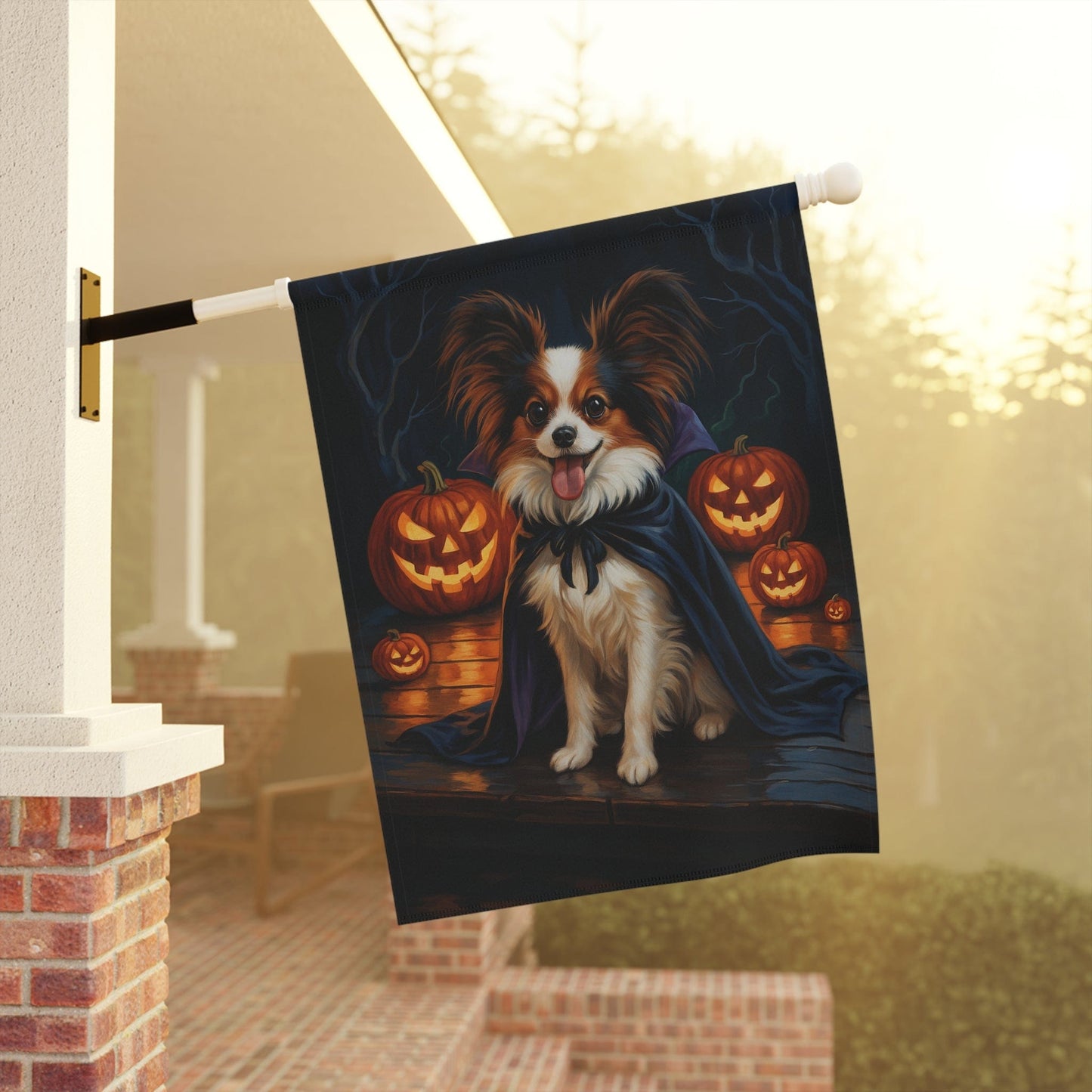 Printify Home Decor Halloween Papillon Dog Garden Flag – Vampire Pumpkin Yard Banner, Fall Outdoor Decor