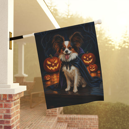 Printify Home Decor Halloween Papillon Dog Garden Flag – Vampire Pumpkin Yard Banner, Fall Outdoor Decor