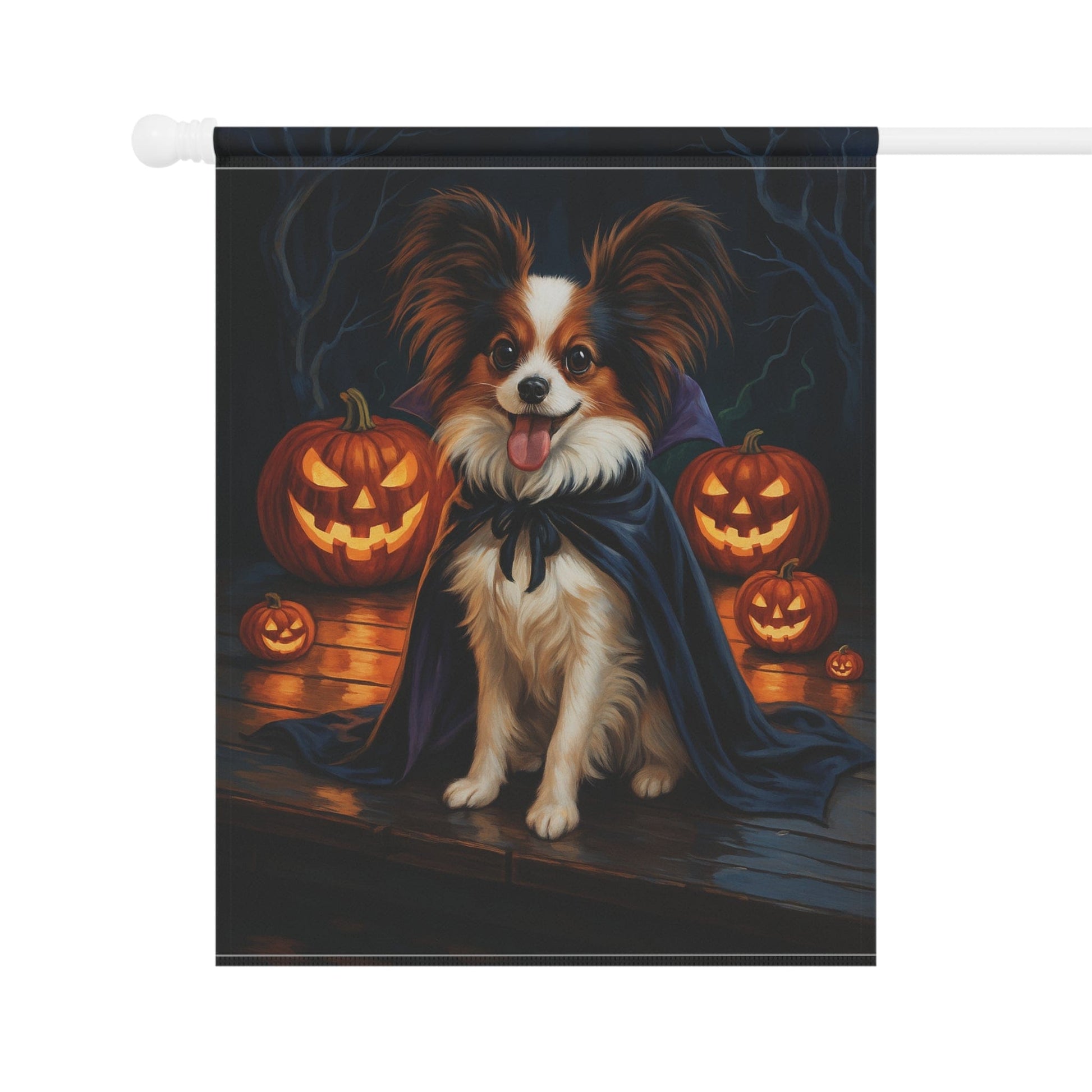 Printify Home Decor Halloween Papillon Dog Garden Flag – Vampire Pumpkin Yard Banner, Fall Outdoor Decor