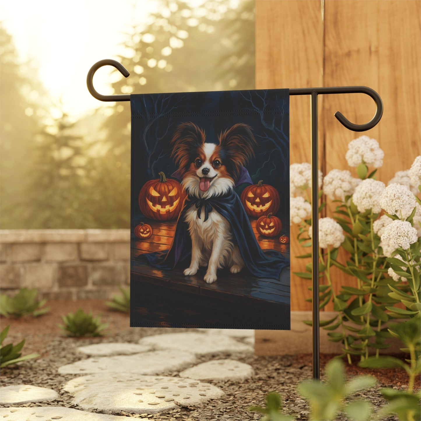 Printify Home Decor Halloween Papillon Dog Garden Flag – Vampire Pumpkin Yard Banner, Fall Outdoor Decor