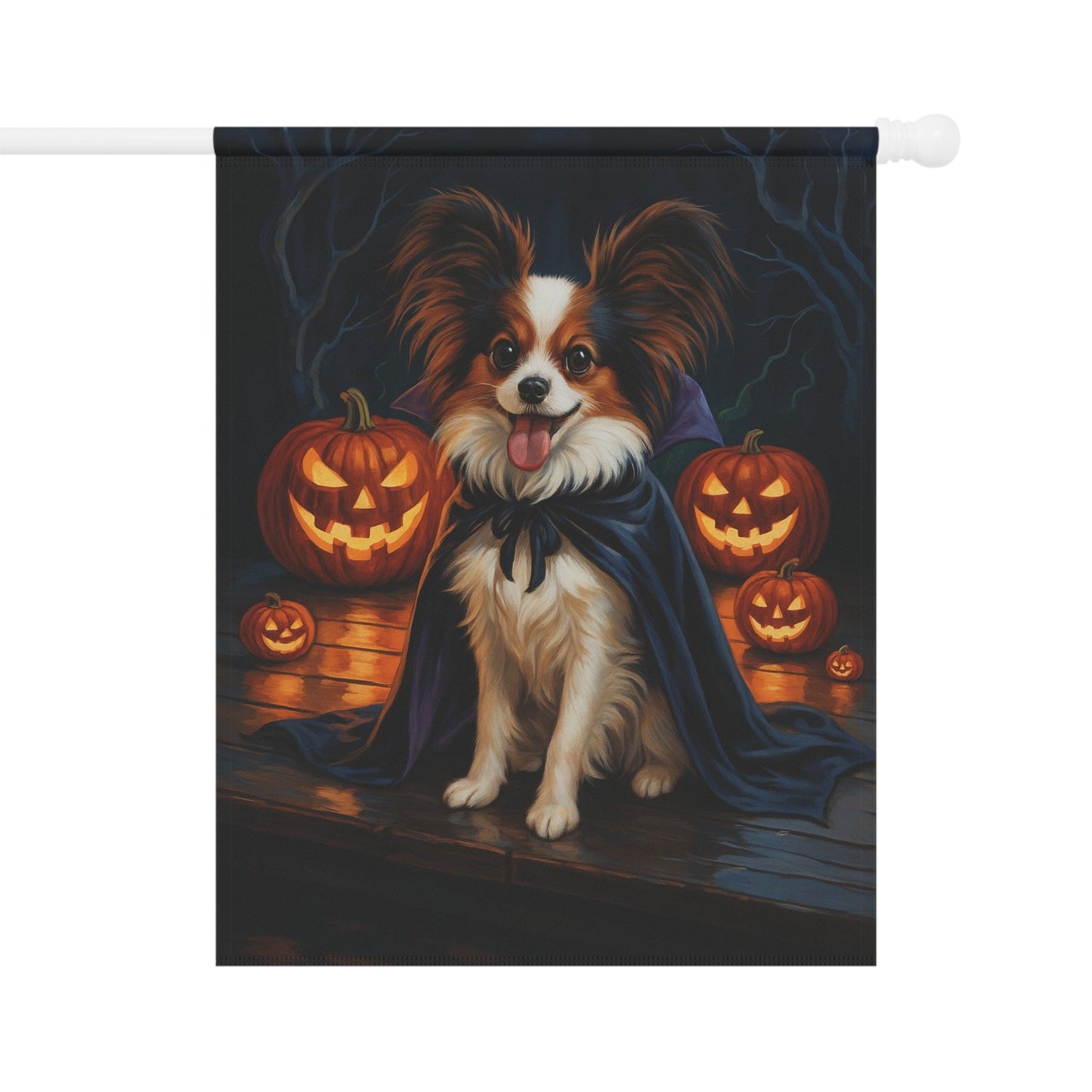 Printify Home Decor 24.5'' × 32'' Halloween Papillon Dog Garden Flag – Vampire Pumpkin Yard Banner, Fall Outdoor Decor