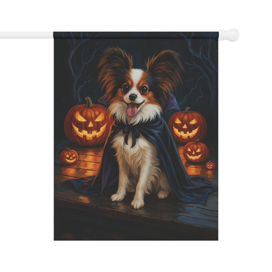 Printify Home Decor 24.5'' × 32'' Halloween Papillon Dog Garden Flag – Vampire Pumpkin Yard Banner, Fall Outdoor Decor