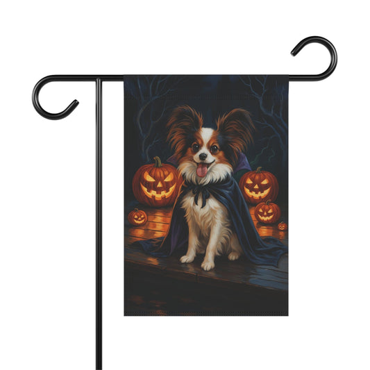 Printify Home Decor 12'' × 18'' Halloween Papillon Dog Garden Flag – Vampire Pumpkin Yard Banner, Fall Outdoor Decor