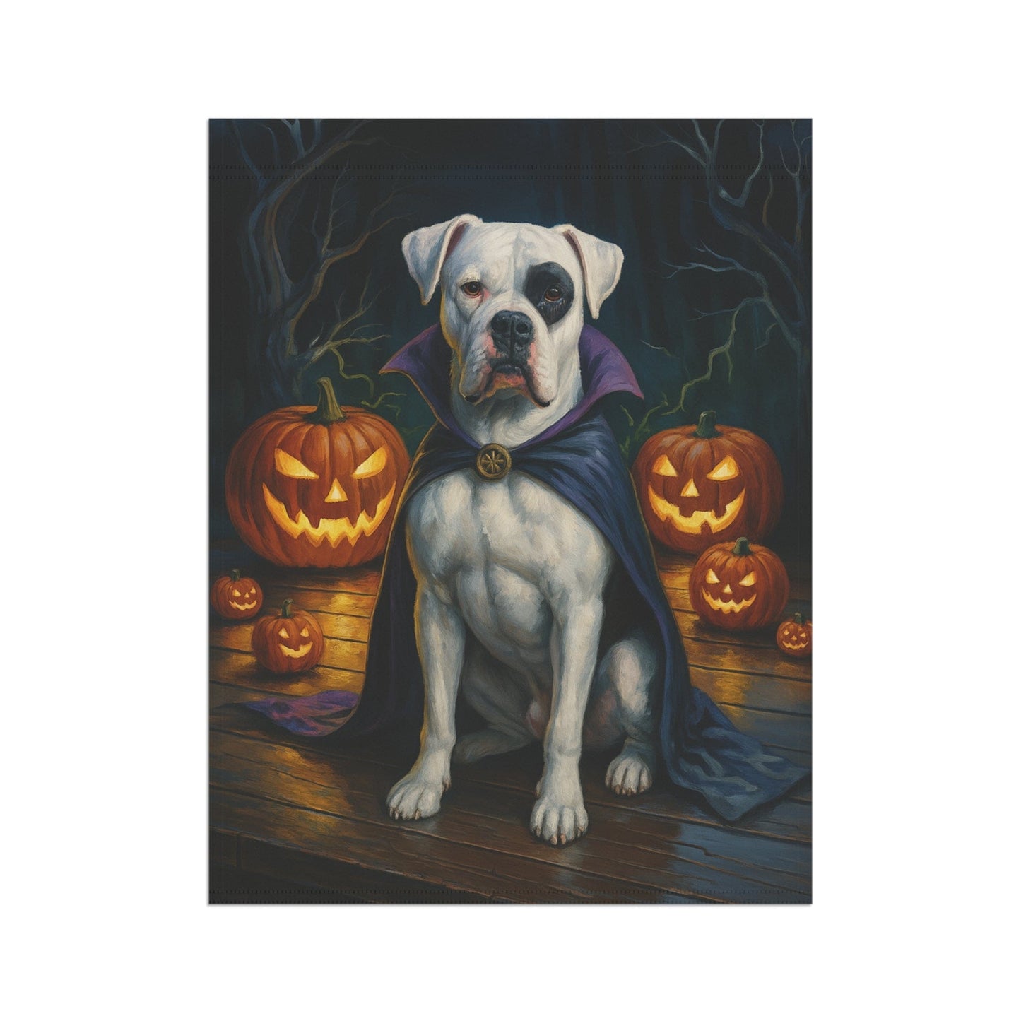 Printify Home Decor Halloween Patched Boxer Dog Garden Flag – Vampire Pumpkin Yard Banner, Fall Outdoor Decor, 12x18 Double-Sided