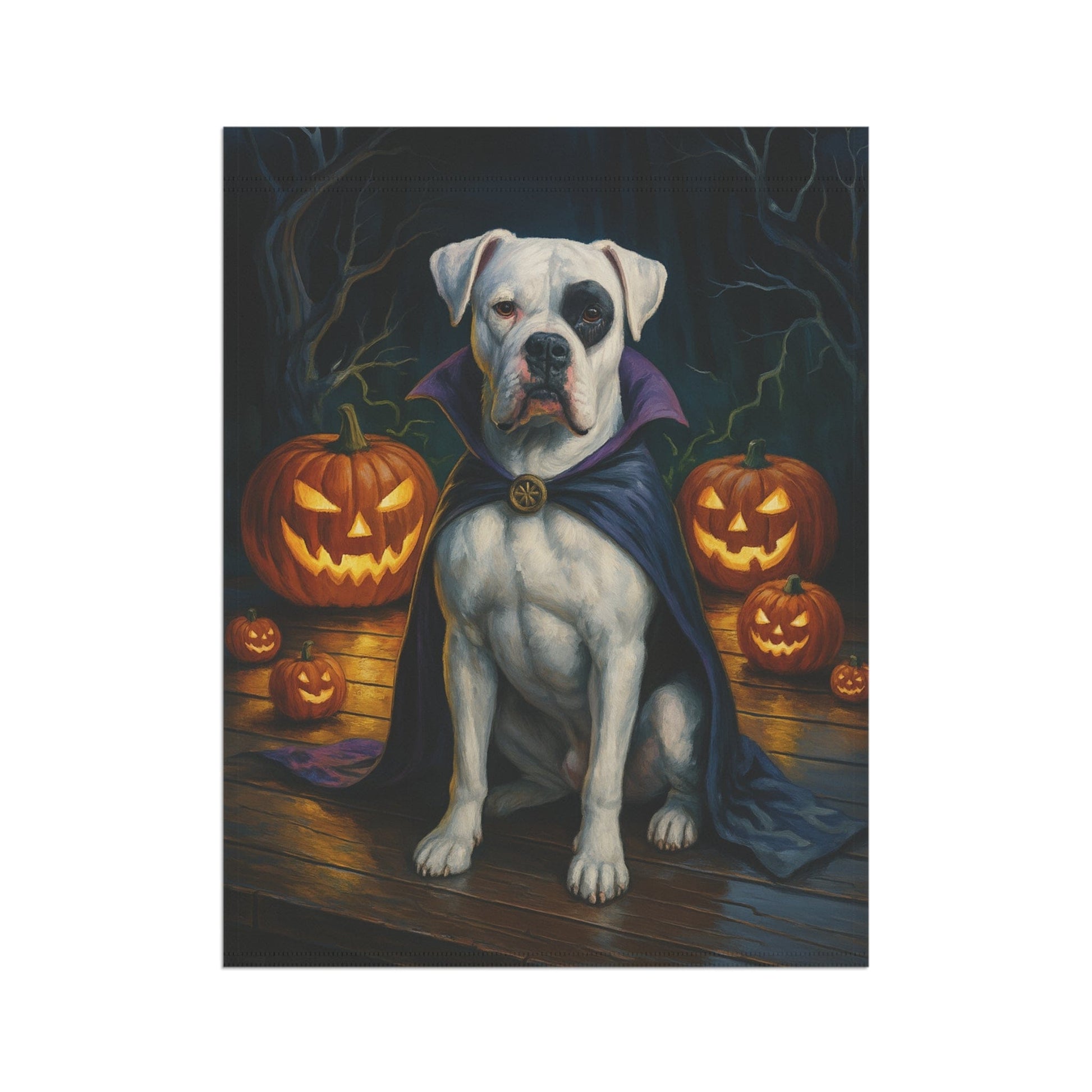 Printify Home Decor Halloween Patched Boxer Dog Garden Flag – Vampire Pumpkin Yard Banner, Fall Outdoor Decor, 12x18 Double-Sided