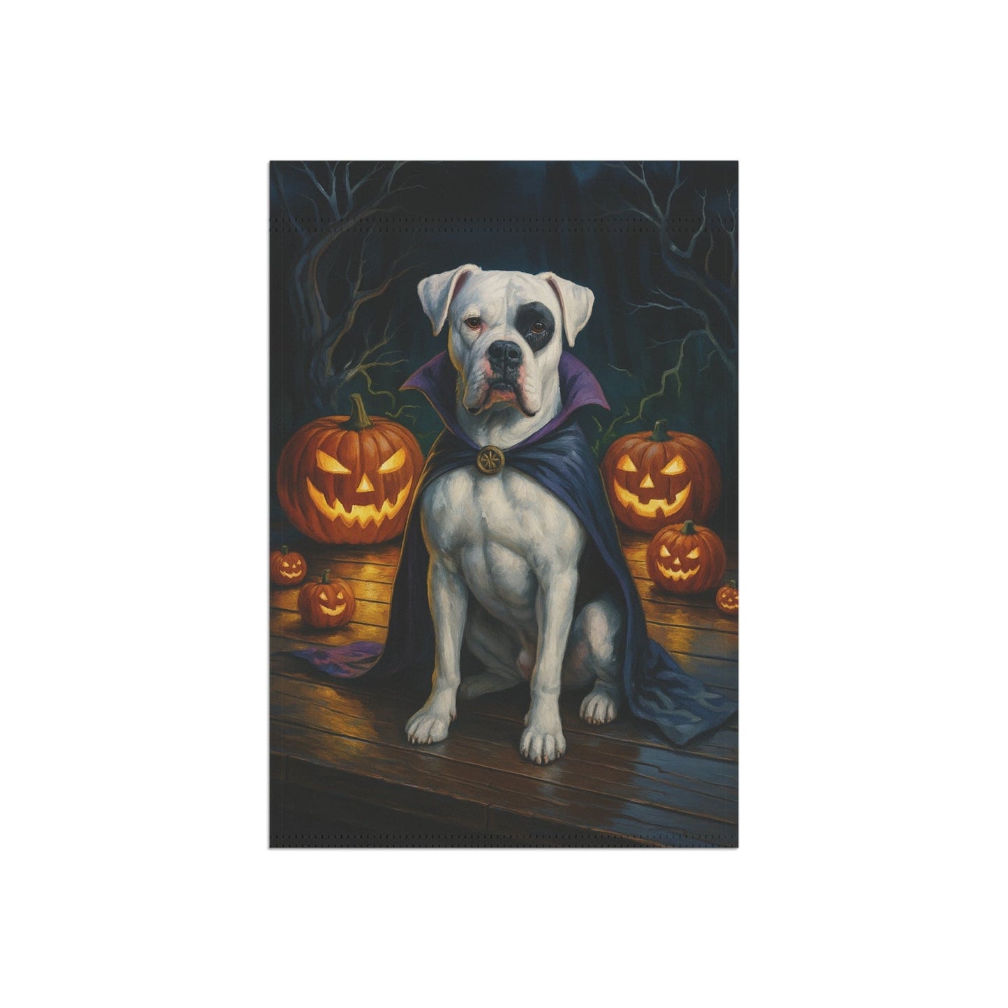 Printify Home Decor Halloween Patched Boxer Dog Garden Flag – Vampire Pumpkin Yard Banner, Fall Outdoor Decor, 12x18 Double-Sided