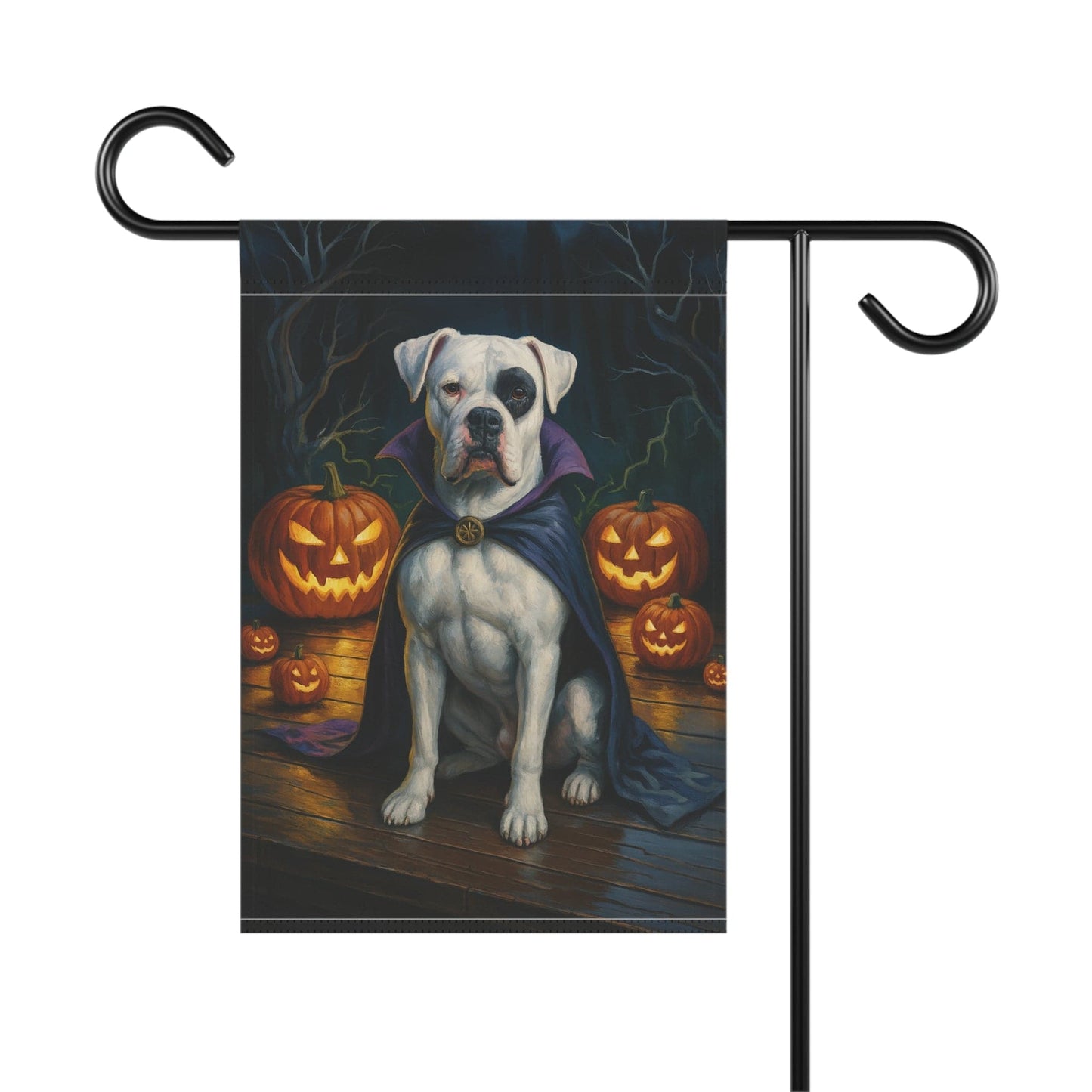 Printify Home Decor Halloween Patched Boxer Dog Garden Flag – Vampire Pumpkin Yard Banner, Fall Outdoor Decor, 12x18 Double-Sided