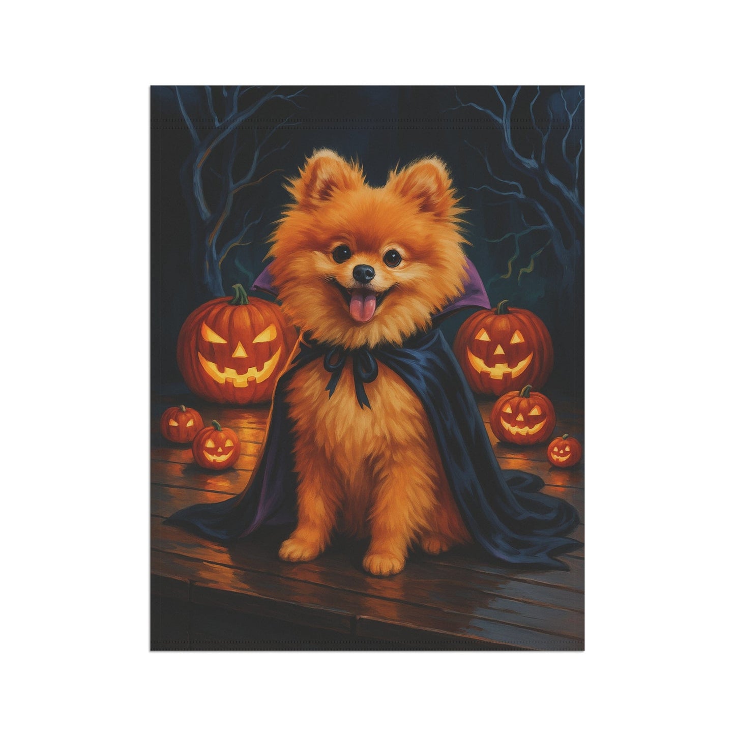 Printify Home Decor Halloween Pomeranian Dog Garden Flag – Vampire Pumpkin Yard Banner, Fall Outdoor Decor