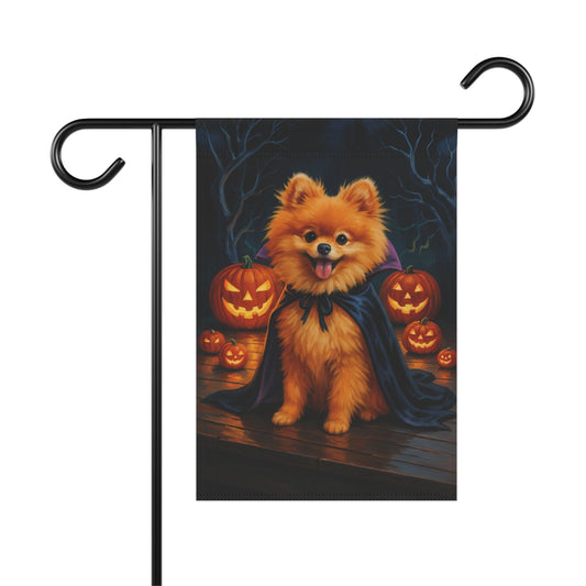 Printify Home Decor 12'' × 18'' Halloween Pomeranian Dog Garden Flag – Vampire Pumpkin Yard Banner, Fall Outdoor Decor