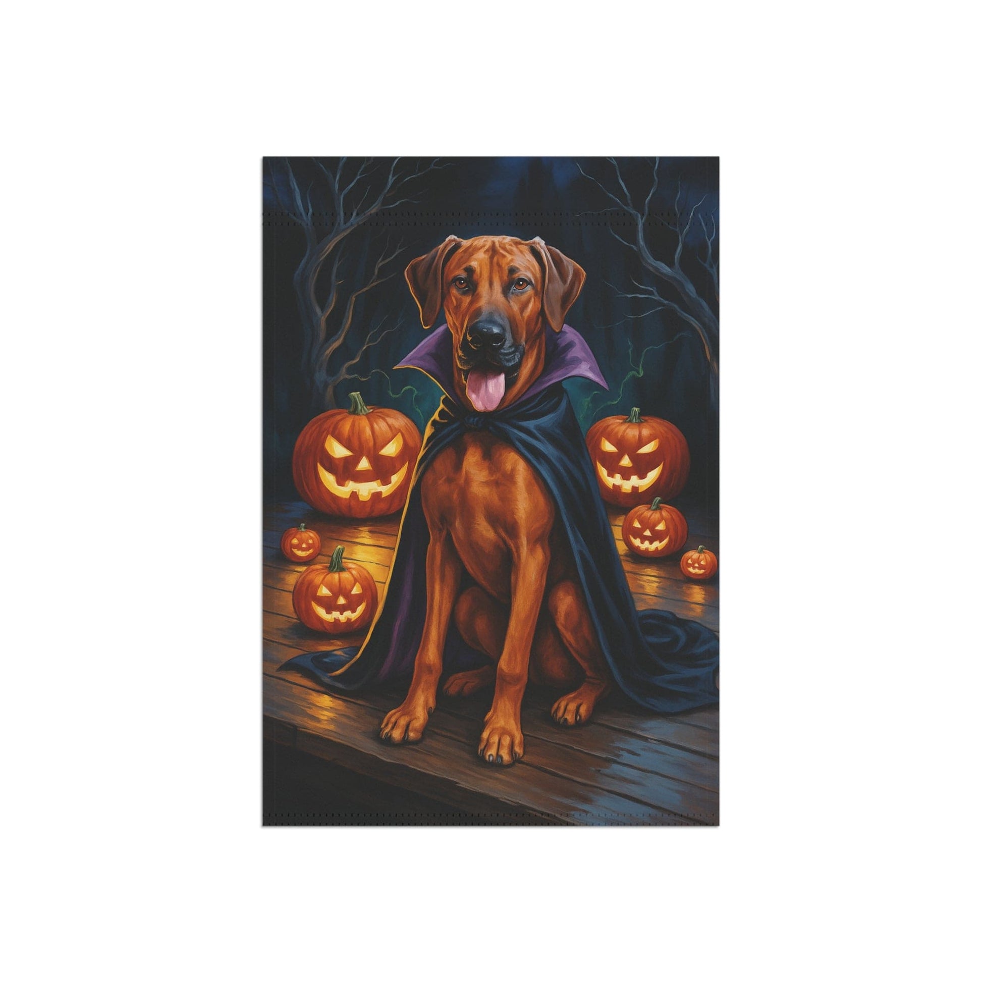 Printify Home Decor Halloween Rhodesian Ridgeback Dog Garden Flag, Vampire Pumpkin Yard Banner